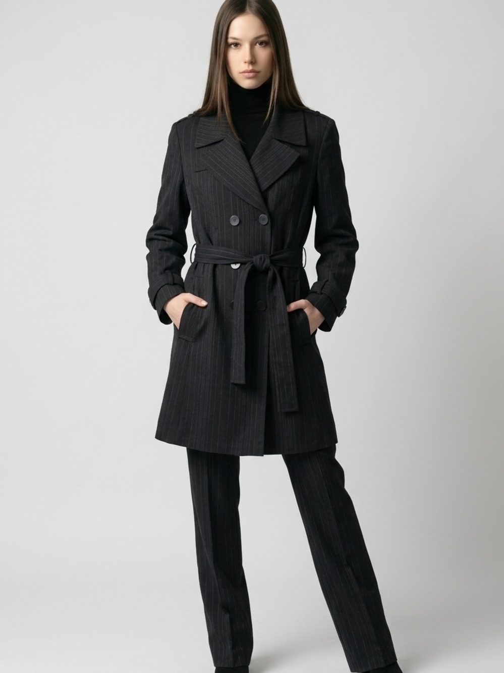 Tahari ASL Navy Y2K Pinstripe Double-Breasted Trench Coat - Knee Length 14